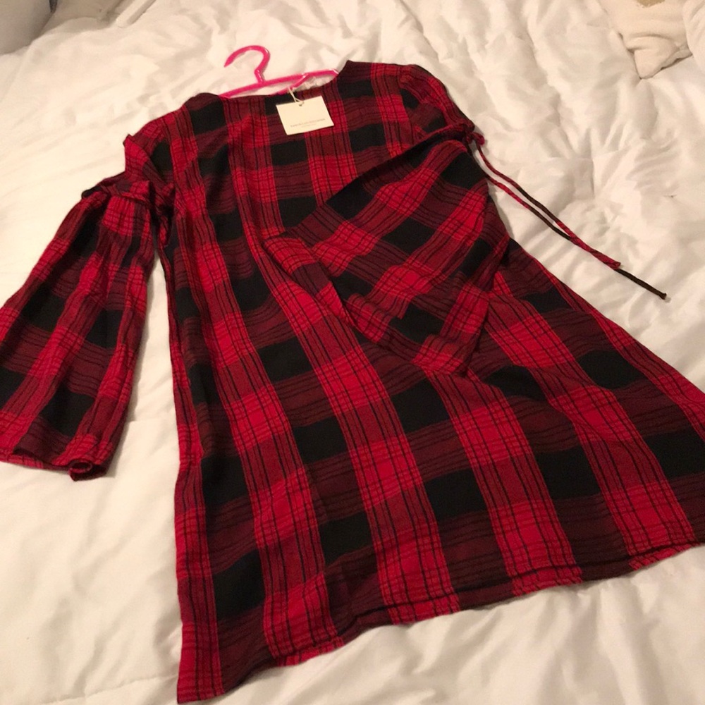 XS buffalo plaid bell sleeve flannel dress